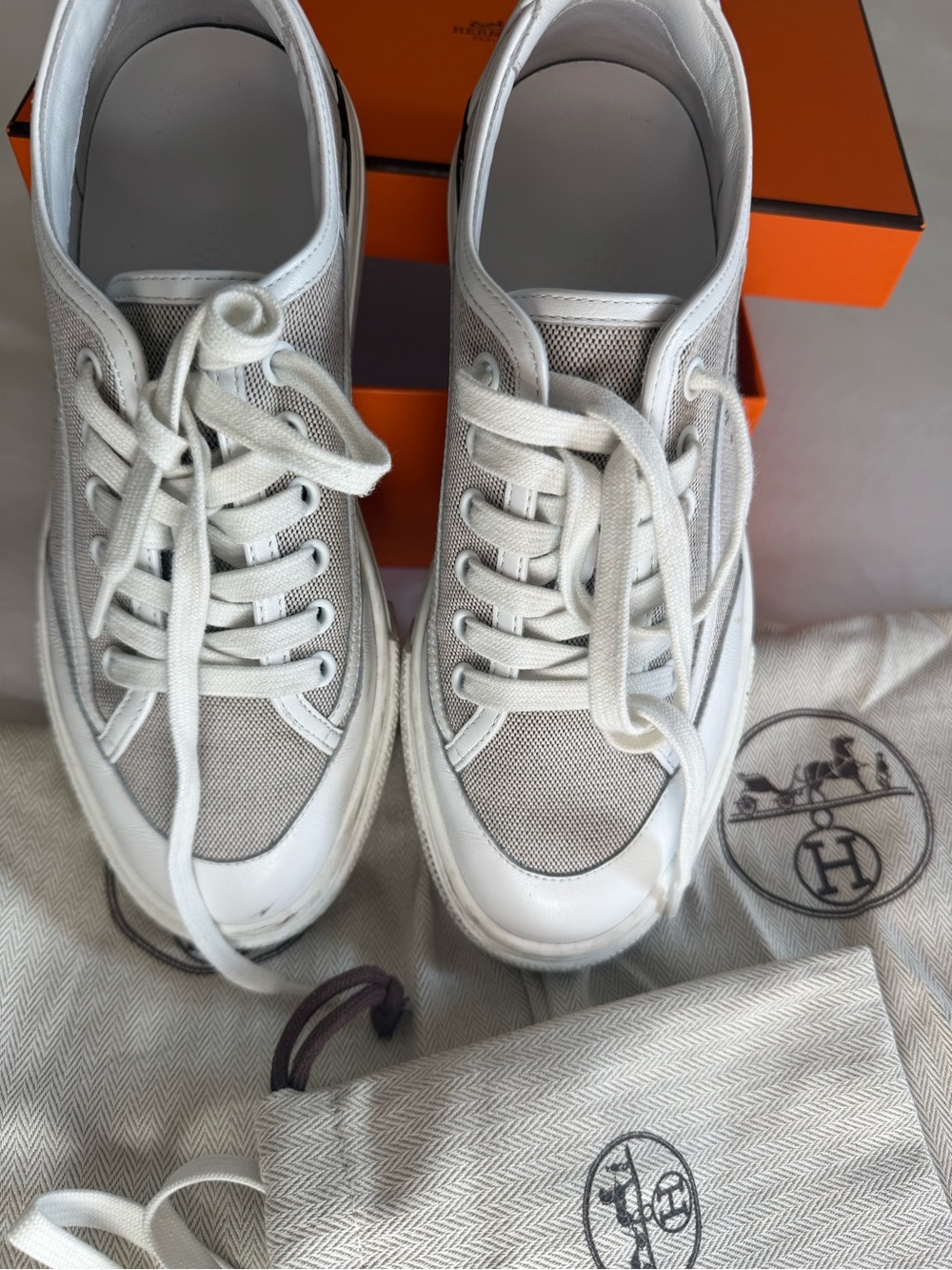 Hermes White Leather & Mesh Low-Top Sneakers